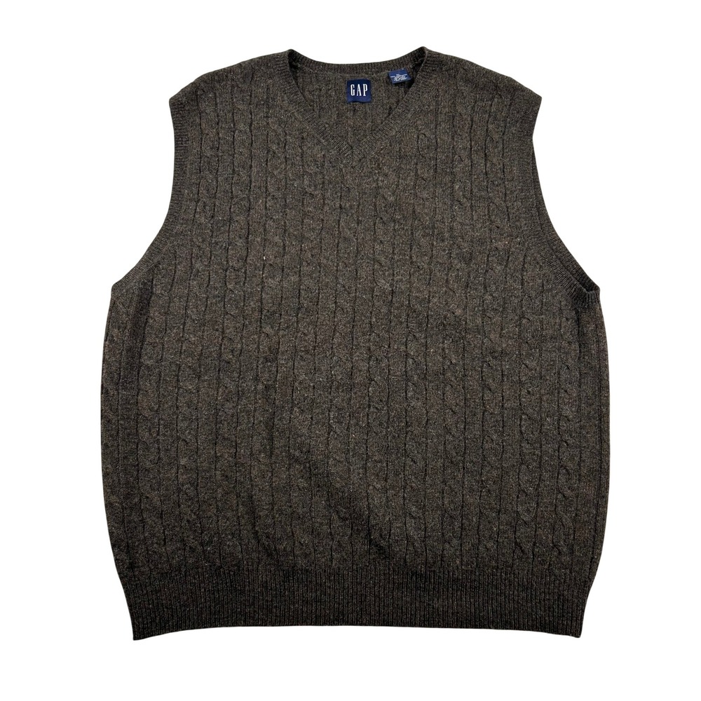 Vintage Gap Sweater Vest Mens XL 100% Lambswool Chocolate Cable Knit V-Neck Y2K